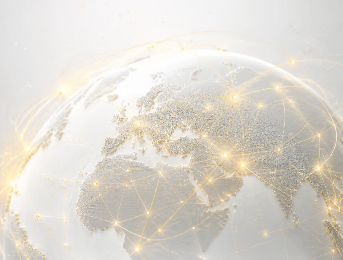 Golden global network of connections over a white globe