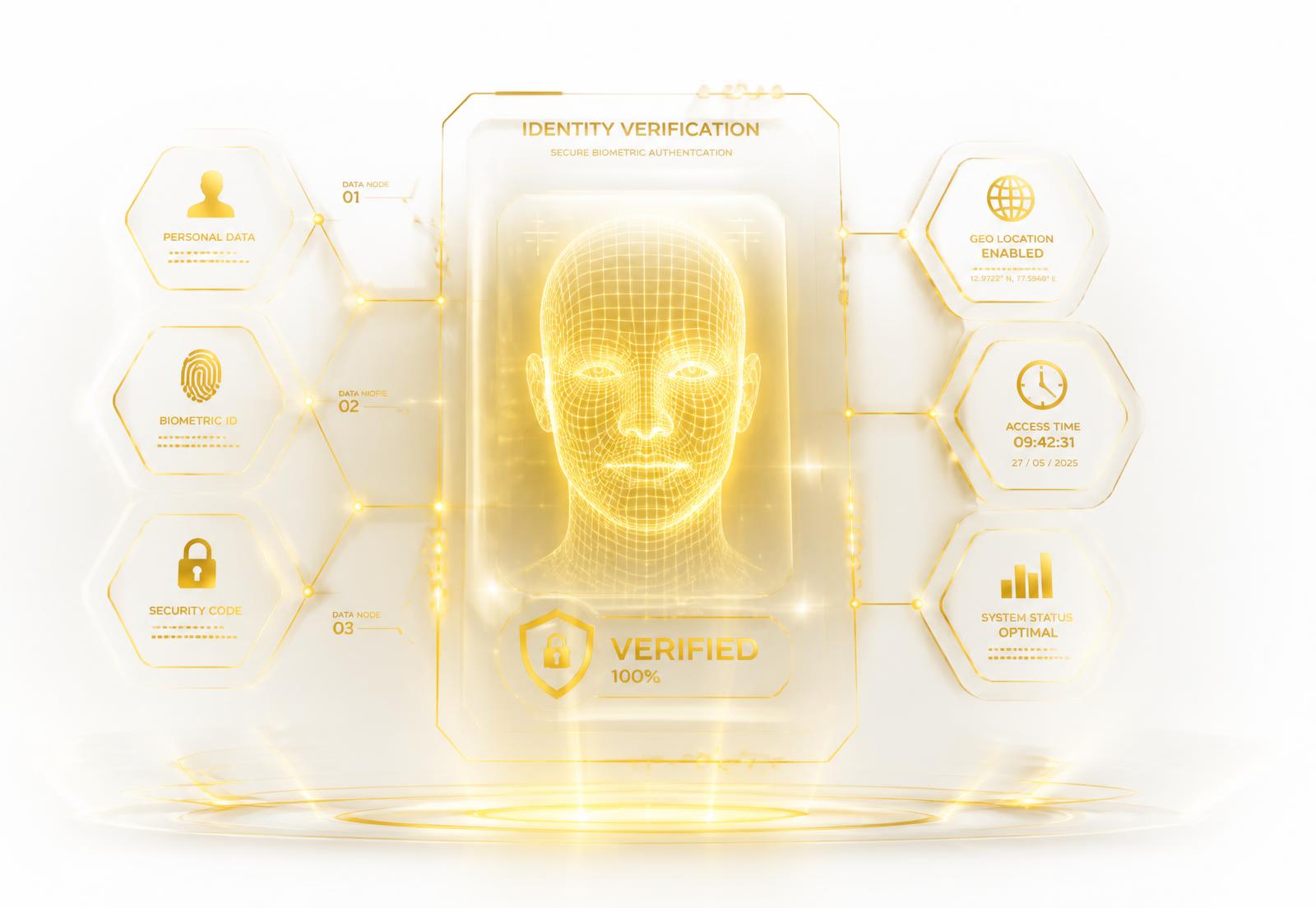 Holographic identity verification interface with biometric scan and verified badge